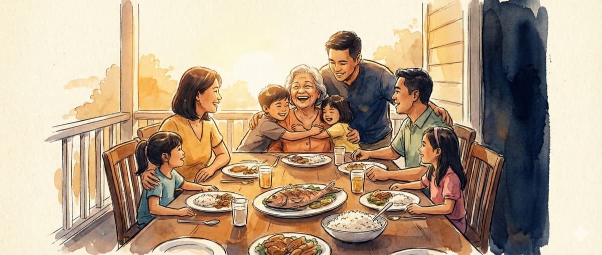 Filipino family gathered together, sharing a meal and memories