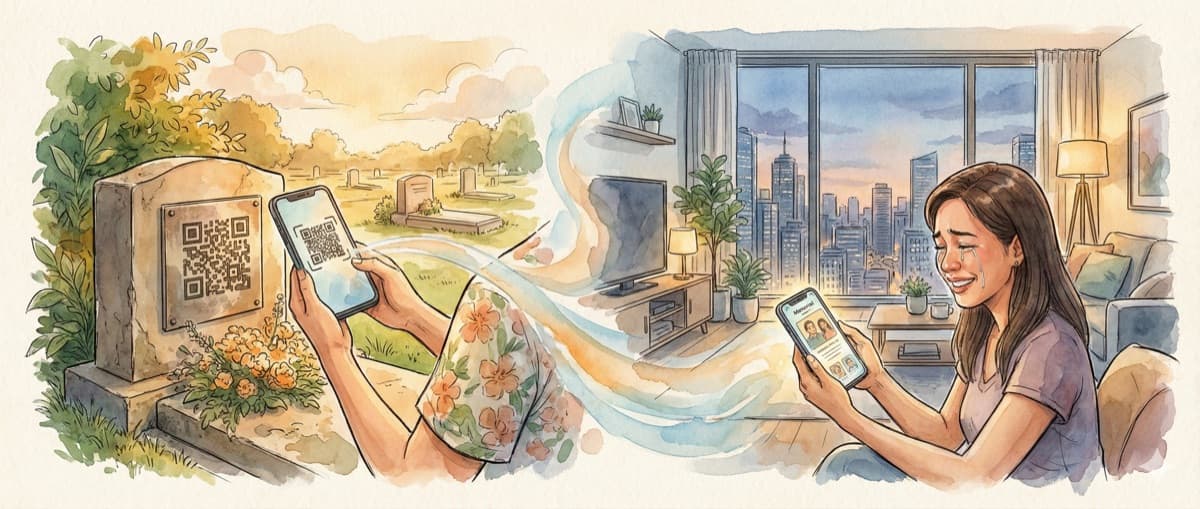 Family members connecting across distances through a QR memorial, from the cemetery to an apartment abroad
