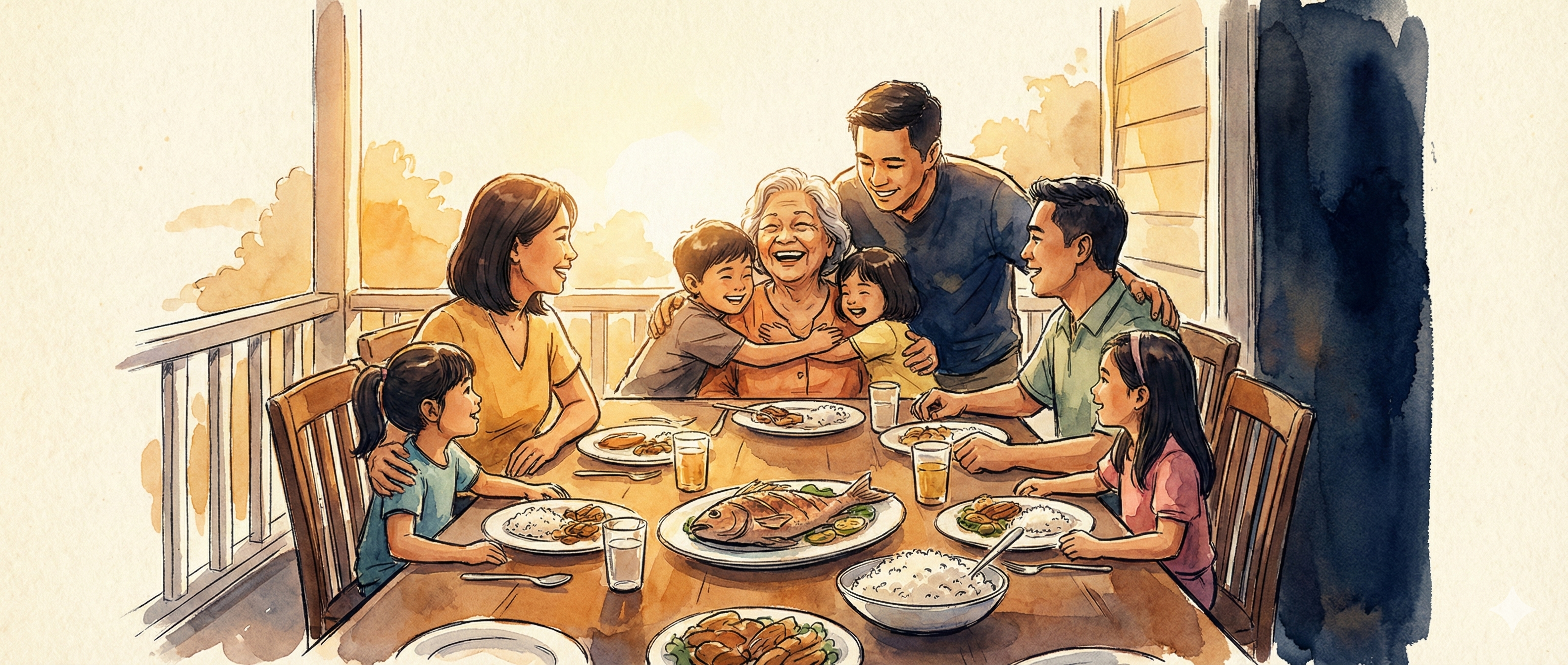 Filipino family gathered together, sharing a meal and memories